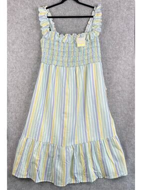 Dondolo Sam Midi Dress Womens XXL Striped Linen Cotton Smocked Coastal Boho NWT‎